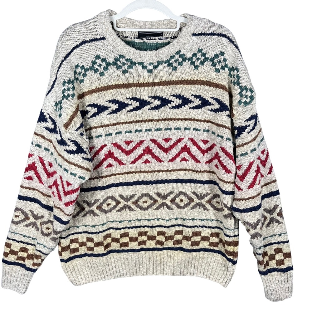Preswick & Moore Sweater Mens M Multi Color Linen Cotton Fair Isle Geometric UK